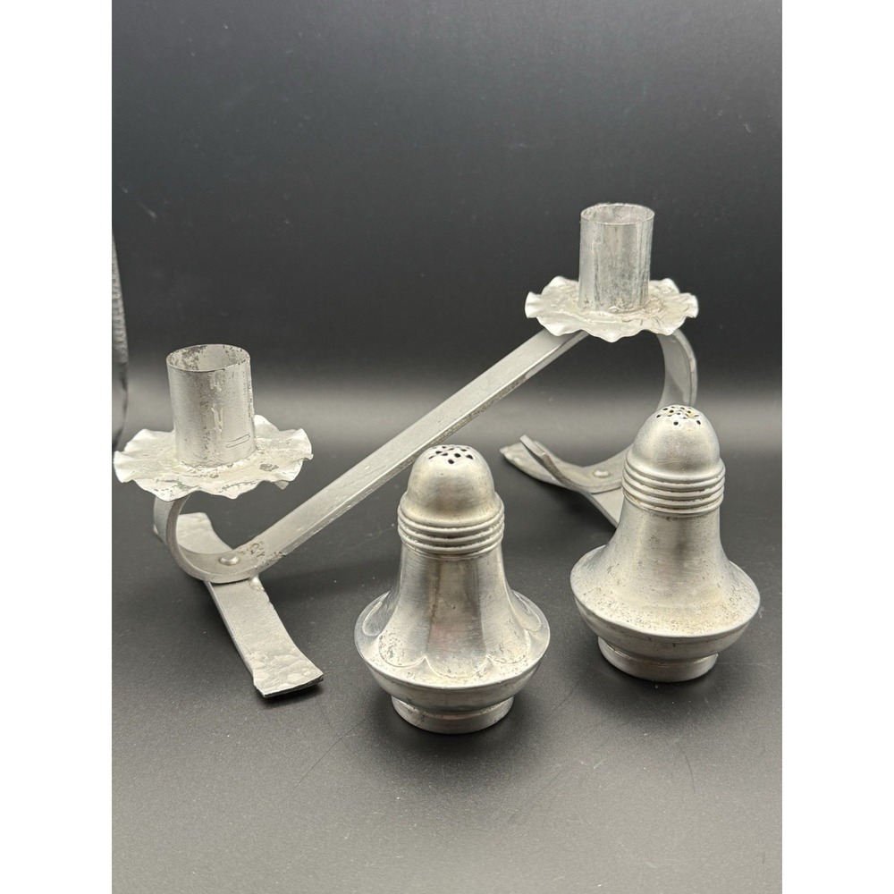 Lot 3 VTG MCM Hammered Aluminum Double Candelabra Cory and Salt & Pepper Shakers